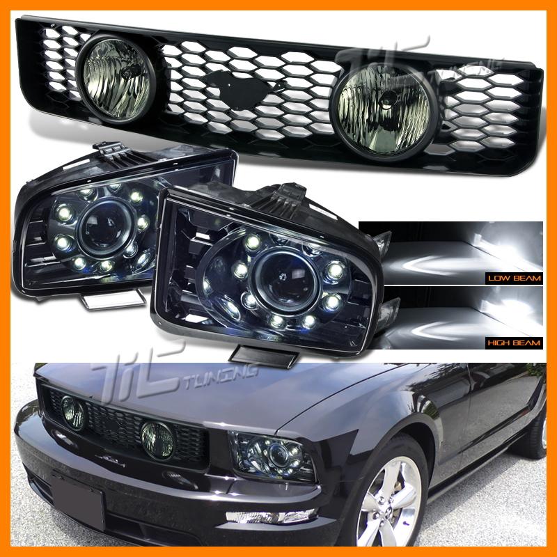 05-09 ford mustang black grille w/emblem smoke projector headlights fog lamp