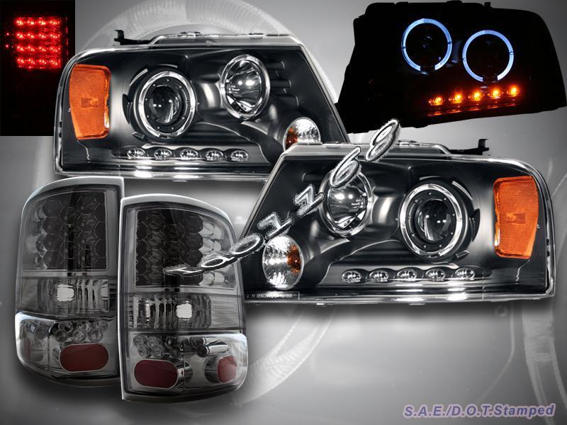 2004-2008 ford f150 two halo projector headlights blk / smoke led tail lights