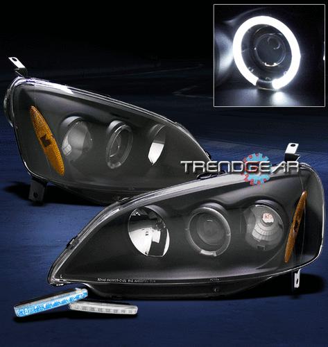 01 02 03 honda civic 2/4dr halo jdm black projector head light lamp+blue drl led