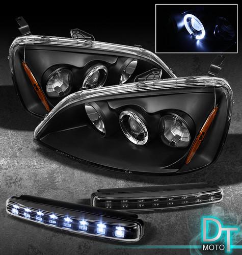 Led bumper fog lamps+01-03 civic 2/4d black halo angel eyes projector headlights