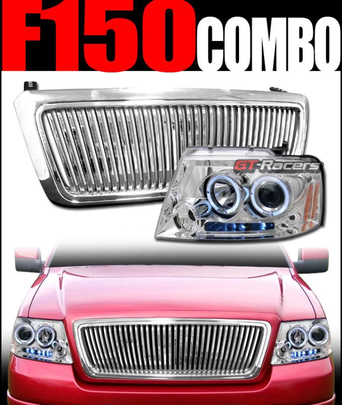 Chrome halo led projector head lights+vertical hood grill grille 2004-2008 f150