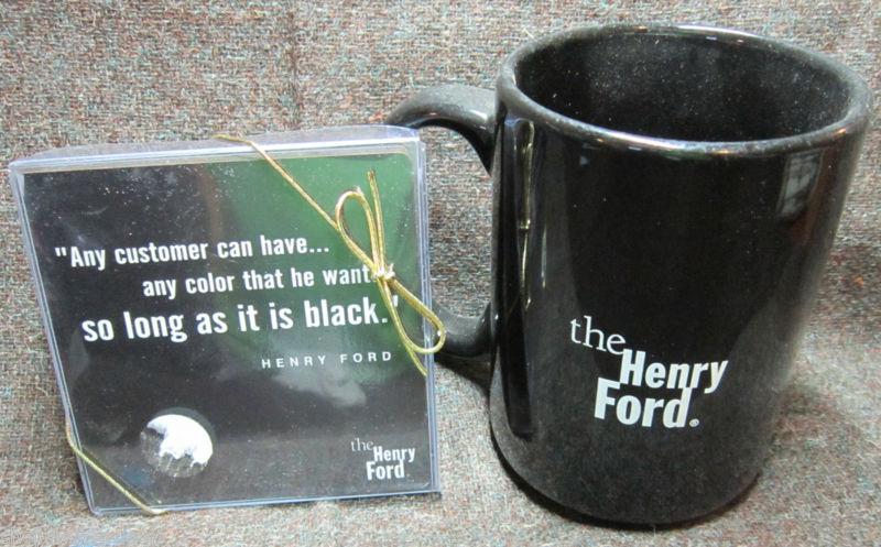 Henry ford black 15 oz coffee beverage mug cup & black coasters (4) new