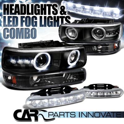 99-02 silverado black halo projector headlights+bumper lights+6-led fog lamps