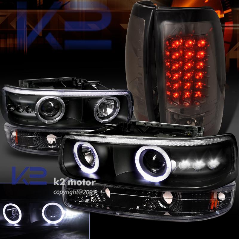 Black 99-02 silverado halo projector headlight+bumper lamp+smoke led tail lights