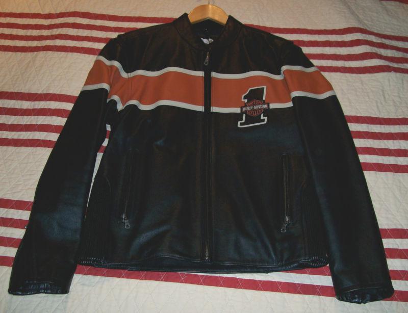 Nwt harley davidson racing team style leather jacket blk orange sz medium m