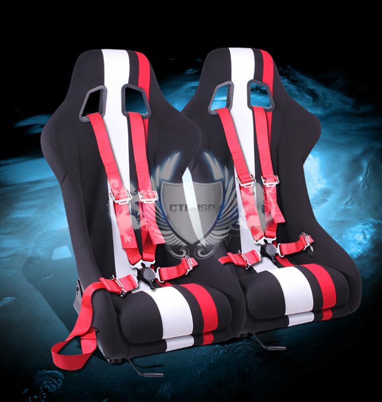 2x jdm black/white red stripe fabric sport racing seats bride style+4-pt camlock