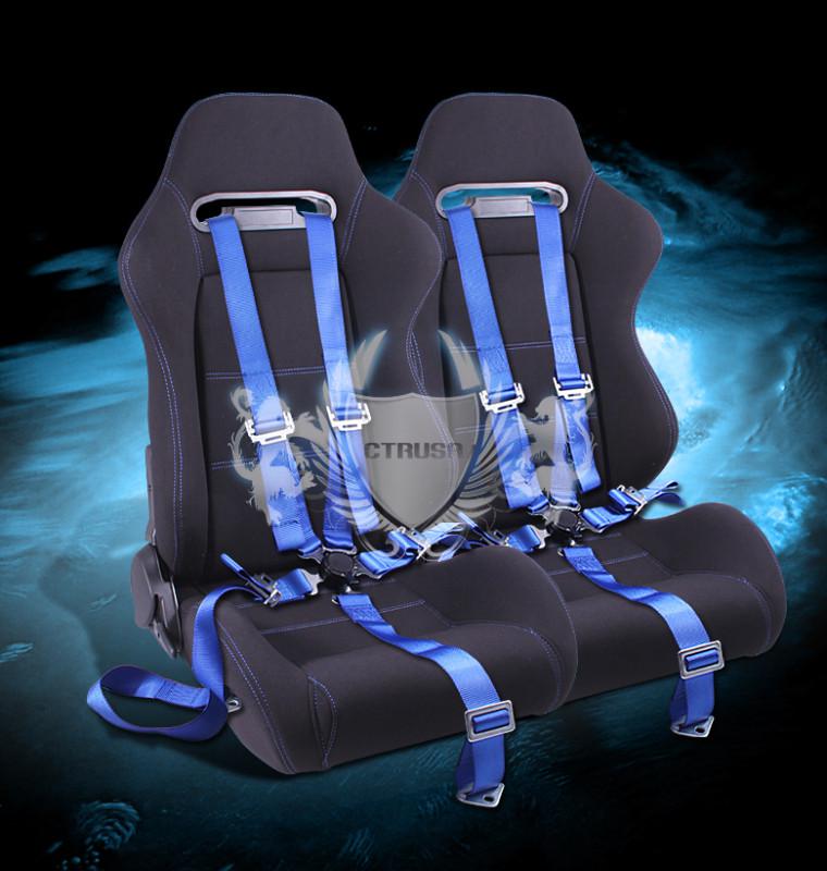 2x jdm f1 blk/blue fabric sport racing bucket seat + 5-pt camlock seat belts new