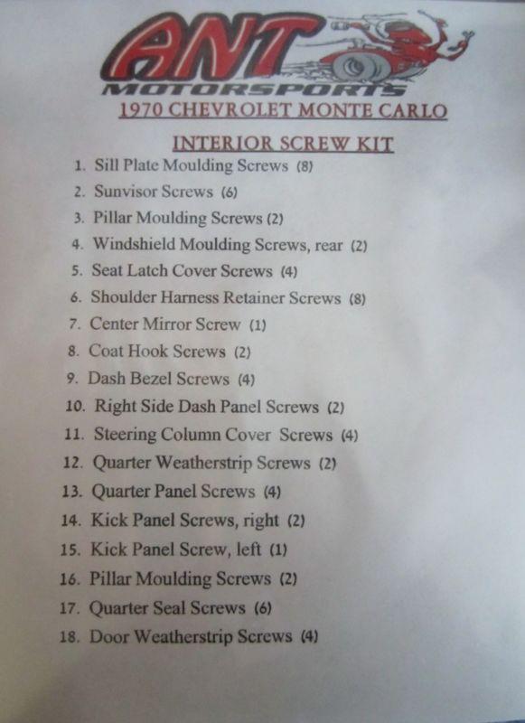 1970 chevrolet monte carlo interior screw kit    64 pcs.