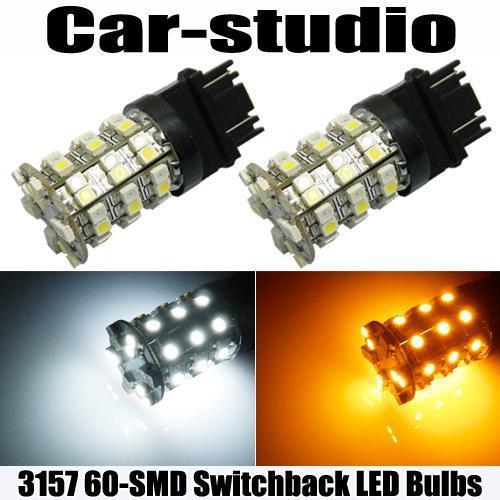 2pcs white/amber 60-smd led switchback signal lights bulbs 3157 4157nall #52