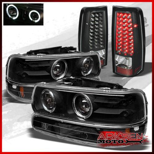 99-02 silverado black halo projector headlights+bumper+led black tail lights