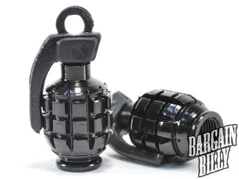 Motorcycle black hand grenade style tire valve caps cool unique nade design