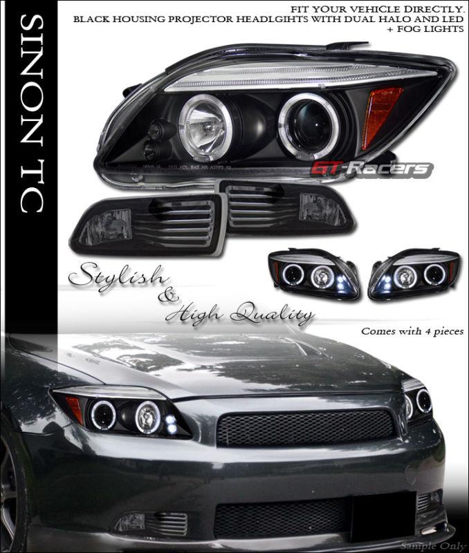 Blk halo drl led projector head lights+bumper fog smoke 2004 2005-2010 scion tc