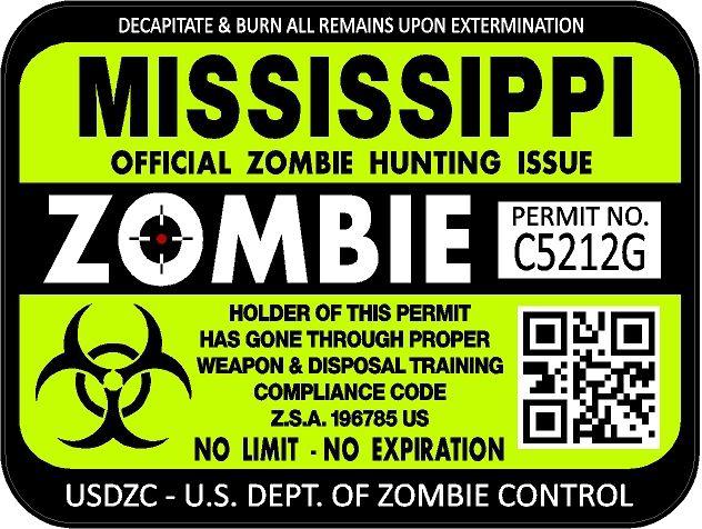 Mississippi zombie hunting license permit 3"x4" decal sticker outbreak 1234