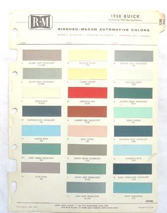 1958  buick r-m  color paint chip chart all models original 