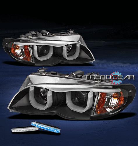 02-05 bmw e46 3-series 325i 330i 4dr black projector head lights+blue 3d drl led