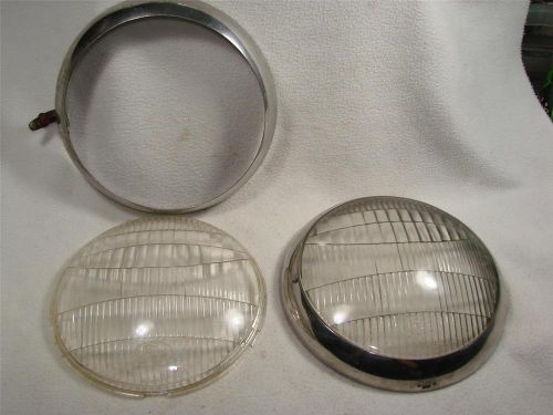 Pair of vintage ford twolite headlamp lenses 7 7/8&#034; with stainless steel rims