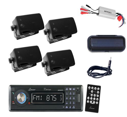 Marine radio black aux sd usb sd w/ amp,4 black 200w box speakers, cover,antenna