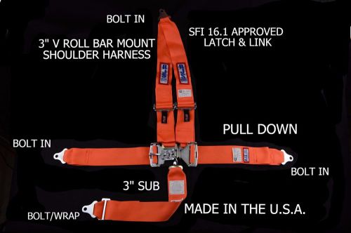 Rjs racing sfi 16.1 latch &amp; link 5 point seat belt v harness bolt orange 1126205