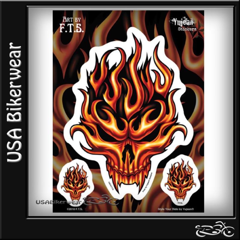 ~+biker $10 7 x 5" flame skull tank window decal stickers (one large 2 small)+~