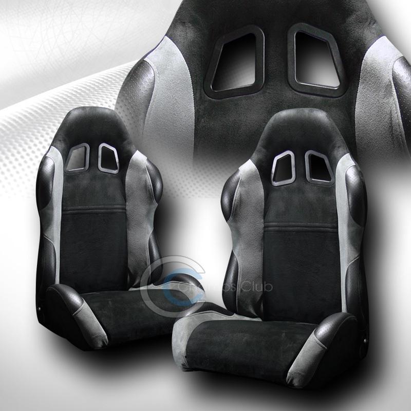 Universal jdm-sp blk/gray suede racing bucket seats+sliders pair infiniti lexus