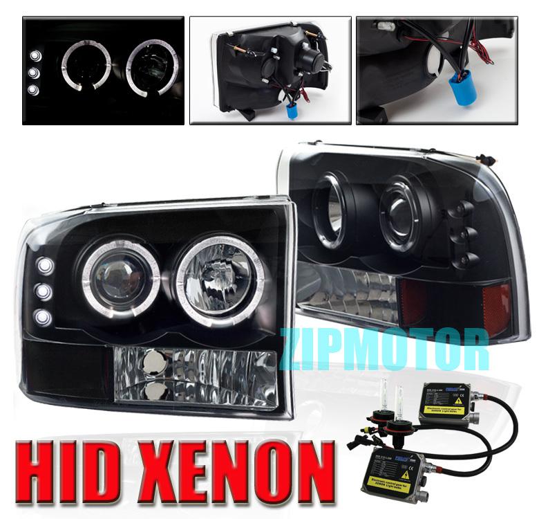 1999-2004 ford f250 f350 excursion halo led projector headlights+hid xenon black