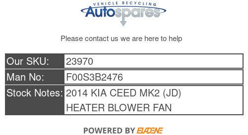 Kia ceed mk2 (jd) 2012-2018 heater blower fan motor with resistor f00s3b2476