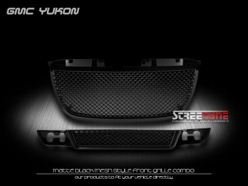 Matte black badgeless mesh upper+lower front grille for 07-14 gmc yukon denali