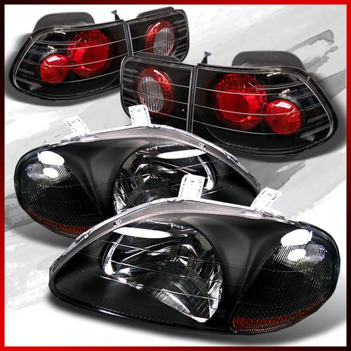 96-98 honda civic 2 door black replacement headlights+black tail lights combo