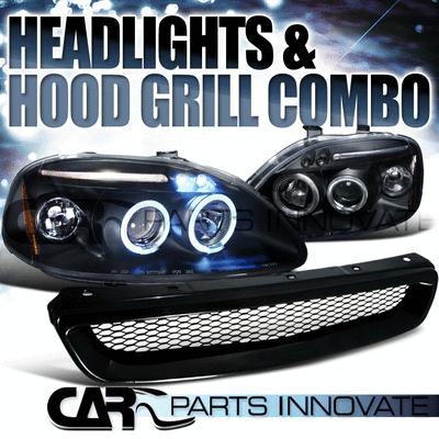 1996-1998 honda civic black halo led projector headlights+front mesh hood grille