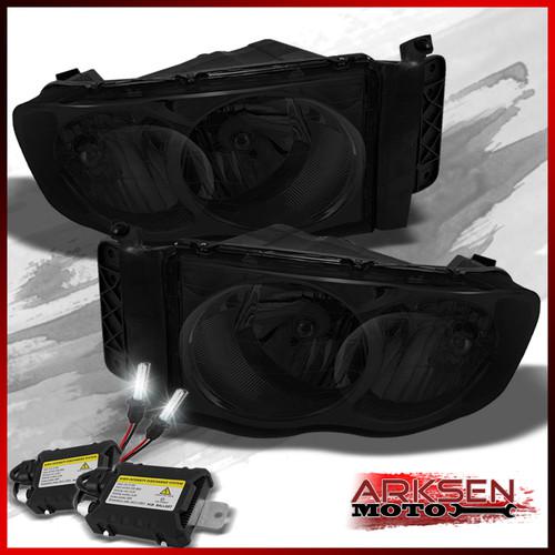 6000k slim xenon hid+smoked 02-05 dodge ram pickup euro headlights lights lamp