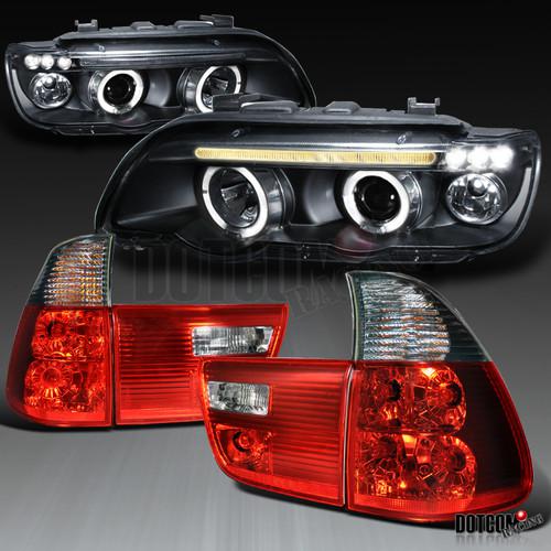 Bmw 01-03 bmw x5 black dual halo led projector headlight+red/smoke tail lamps