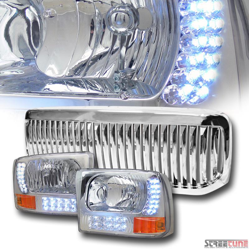 Chrome drl led headlights+signal amber aw+vertical grill grille 99-04 ford f250