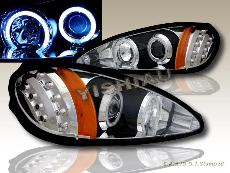 1999-2005 pontiac grand am projector headlights black twin halo led ccfl