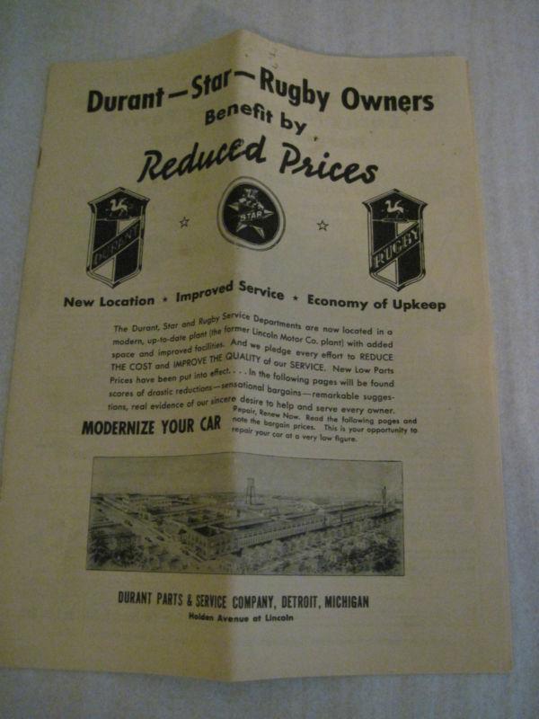 1937 durant star rugby owners parts manual with mailing envelope