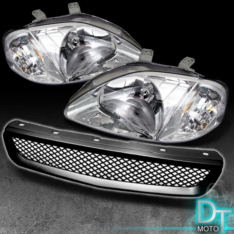 99-00 honda civic crystal headlights +bumper fog lights+jdm sport hood grille