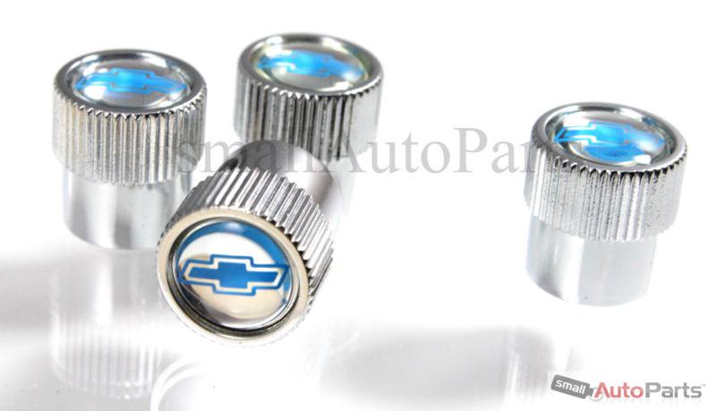 (4) chevrolet mirror blue logo chrome abs tire/wheel stem air valve caps set