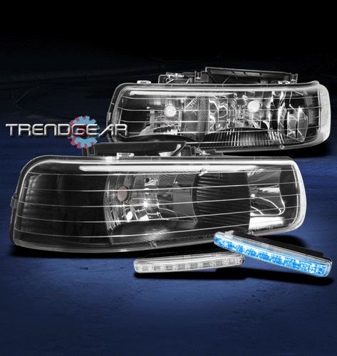 99-02 chevy silverado/tahoe/suburban crystal black head lights+blue led drl kit