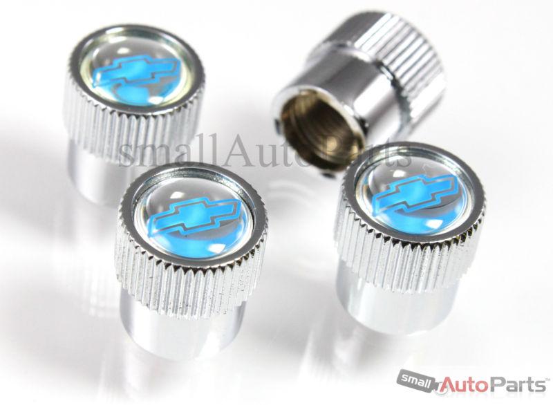 (4) chevrolet mirror blue logo chrome abs tire/wheel stem air valve caps set