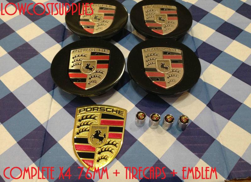 Porsche black gold logo center caps hub emblem & tire caps wheel 75mm complete