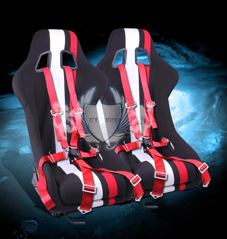 2x universal blk/white red stripe fabric racing seat+6-pt camlock harness belt