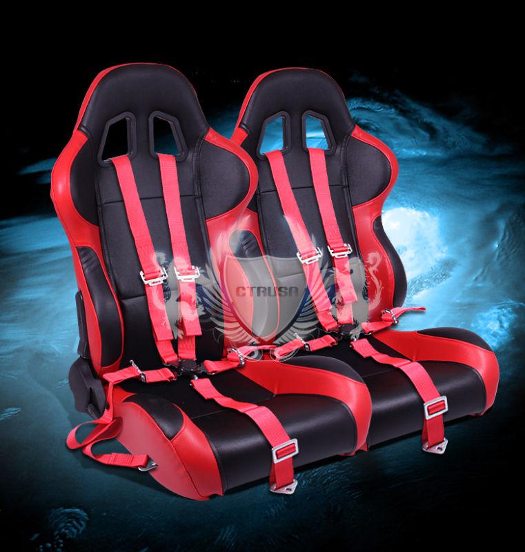 2x jdm black/red turino sport racing bucket seat w/sliders+5-pt red camlock belt