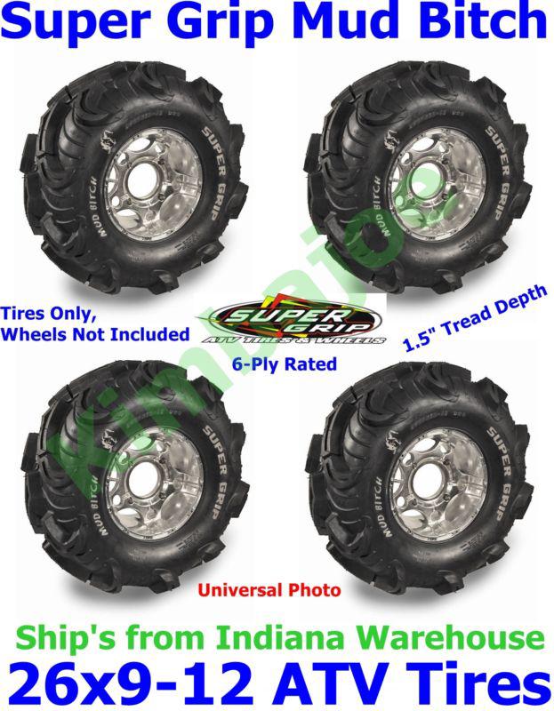 26x9-12 super grip mud bitch atv tires, 6-ply rated, set of 4