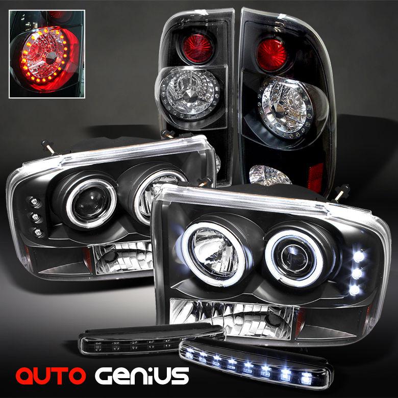 99-04 f2/350 1pc blk ccfl projector headlights + led ring tail lights + drl led