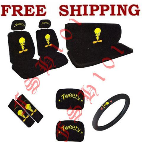 New 11pc set cartoon tweety bird seat covers steering wheel cover & more