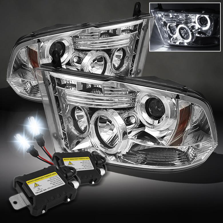 2009-2013 ram dual halo drl led projector chrome head lights+slim 6000k hid kit