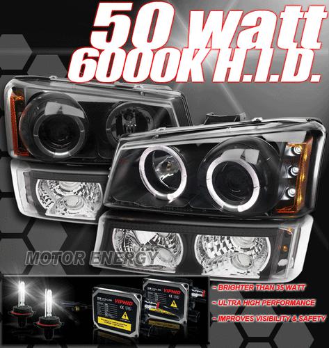 2003-2006 chevy silverado halo led projector head light+bumper+50w 6k black 2004