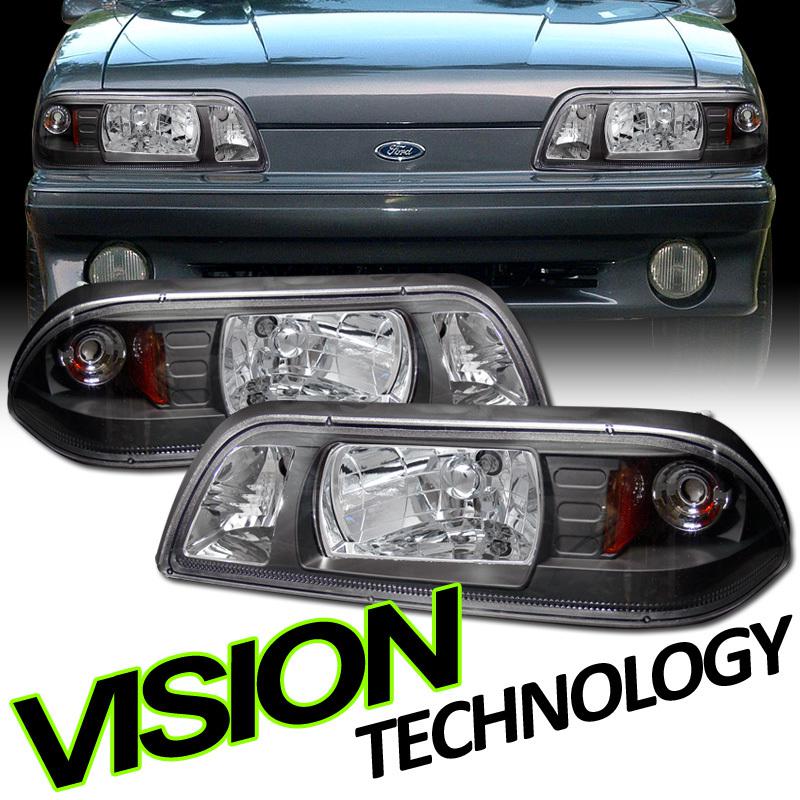 Black housing clear lens 1pc head lights+bulit-in corner lamps set 87-93 mustang