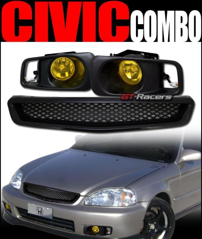 Blk t-r mesh front hood grill grille+bumper fog lights yellow 1999-2000 civic