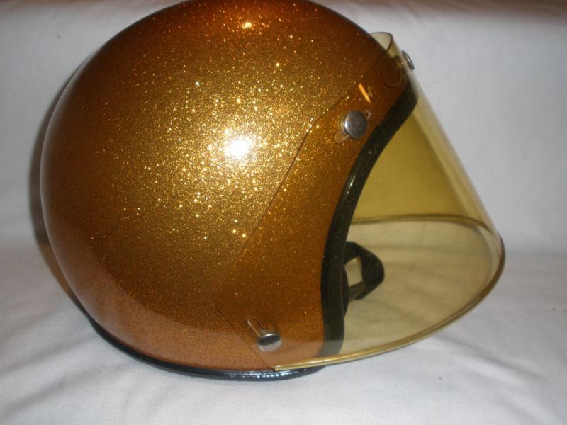 Vintage gold metal flake motorcycle safety helmet with face shield