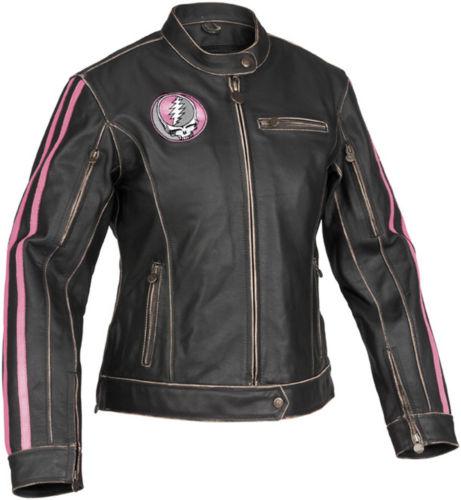 River road grateful dead steal your face womens leather jacket,pink/blk,large/lg